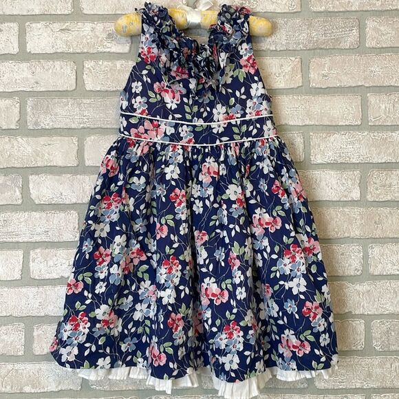 RALPH LAUREN Polo Navy Floral Ruffle Neckline White Trim Sleeveless Dress 5 - Picture 1 of 7